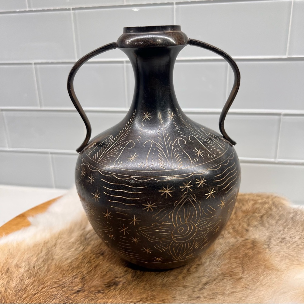 Vintage Solid Brass Amphora Vase Black Finish & Etched Designs 6x9”